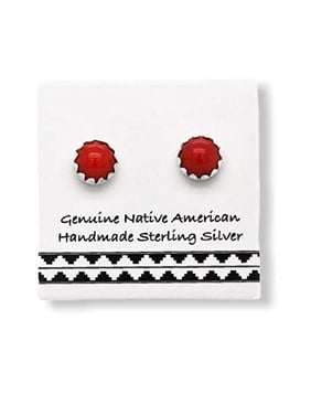 Genuine Red Coral and Pink Shell Stud Earrings in 925 Sterling Silver Nickle Free Native American USA Handmade Square
